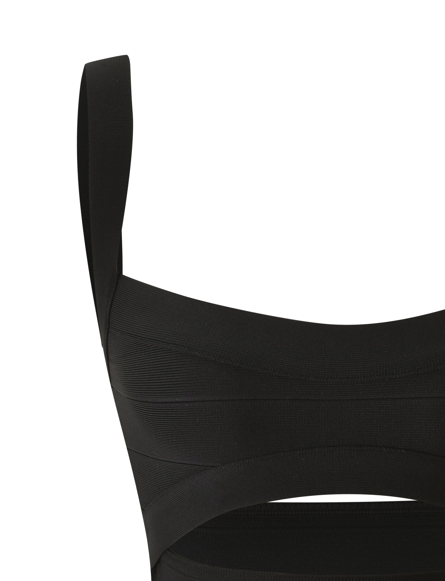 Close-up of the LIEL BANDAGE TOP - BLACK by TIGERMIST, featuring a sleeveless design with thick straps and a horizontal layered fabric pattern. Made from sculpting bandage material, this crop top offers a flattering bodycon fit. The image shows the bottom portion of the top slightly cut off.