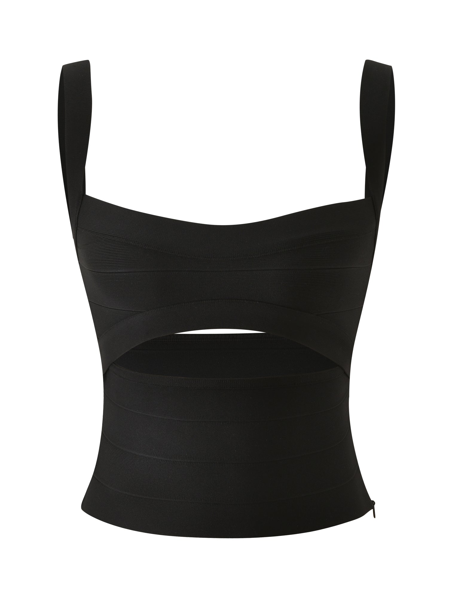 The LIEL BANDAGE TOP by TIGERMIST is a black sleeveless crop top with wide straps and a structured design, highlighted by a cutout below the bust. Crafted from sculpting bandage material, this top delivers a thick, fitted feel that enhances its modern and stylish bodycon silhouette.