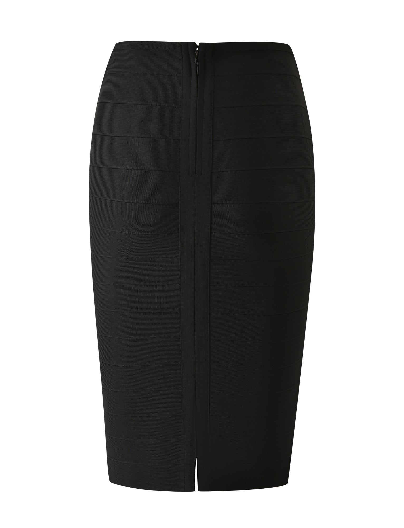 The TIGERMIST LIEL BANDAGE MIDI SKIRT in black is a knee-length pencil skirt featuring a subtle horizontal stripe pattern and a back zipper. Designed with a refined bodycon fit for an effortlessly elegant silhouette, the sculpting bandage fabric is displayed here against a white background.