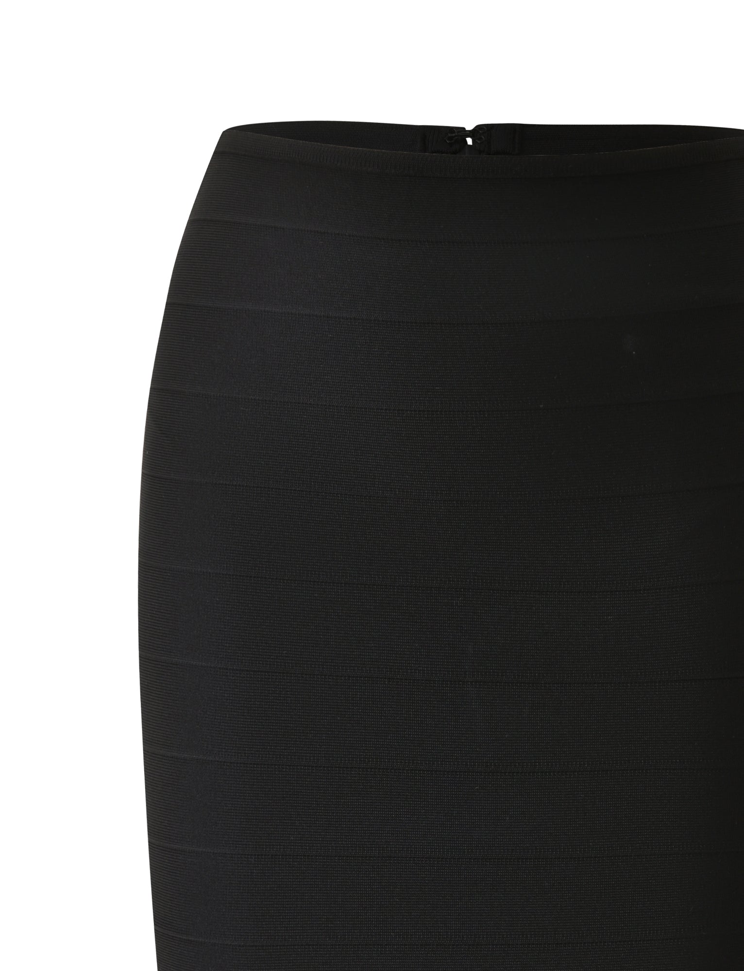 A close-up of the TIGERMIST LIEL BANDAGE MIDI SKIRT - BLACK, featuring subtle horizontal stripes, a hidden back zipper, and a bodycon fit for a sculpting, streamlined silhouette.