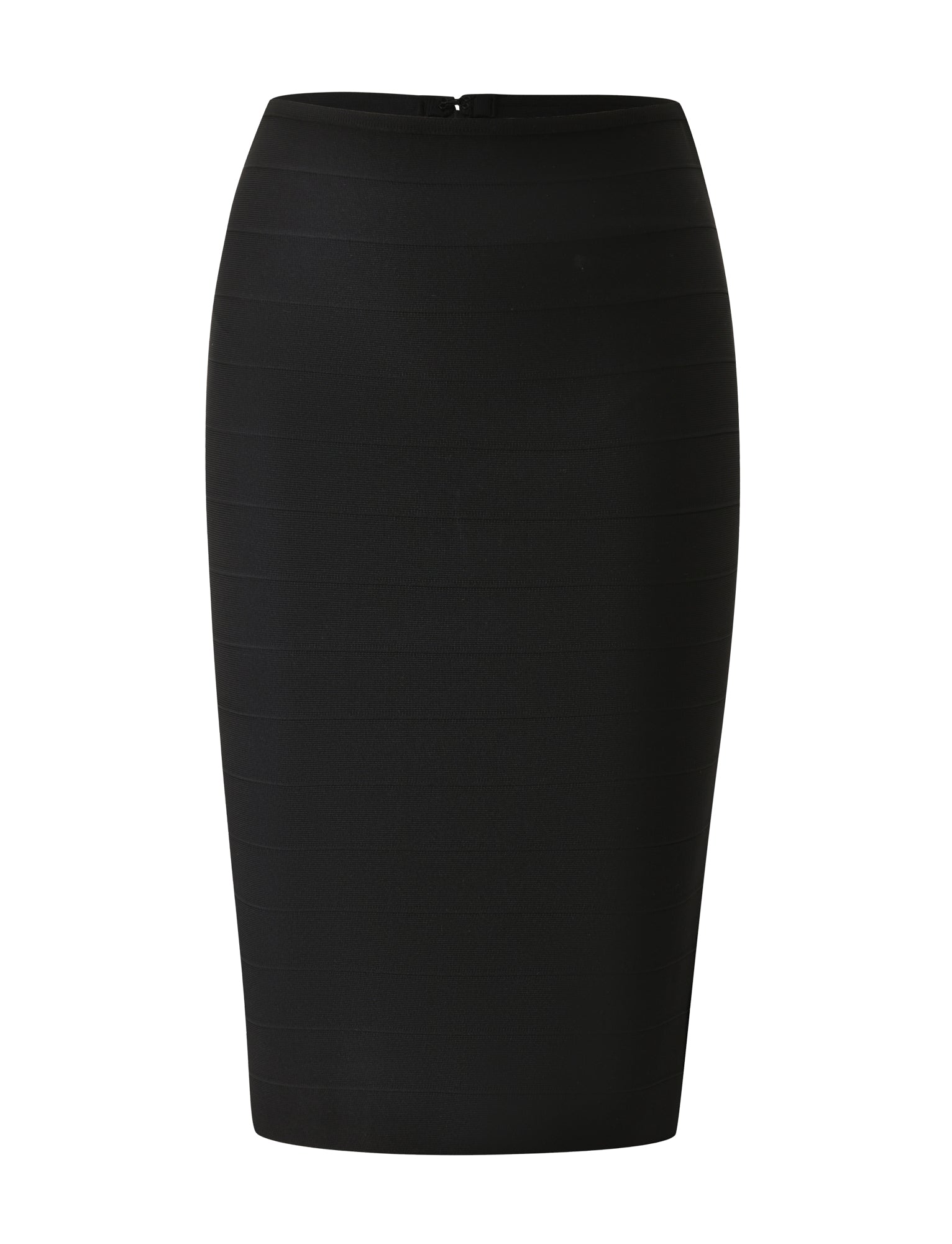 The LIEL BANDAGE MIDI SKIRT - BLACK by TIGERMIST features a fitted, bodycon silhouette with sculpting bandage material, falls to knee length, and is displayed against a white background.
