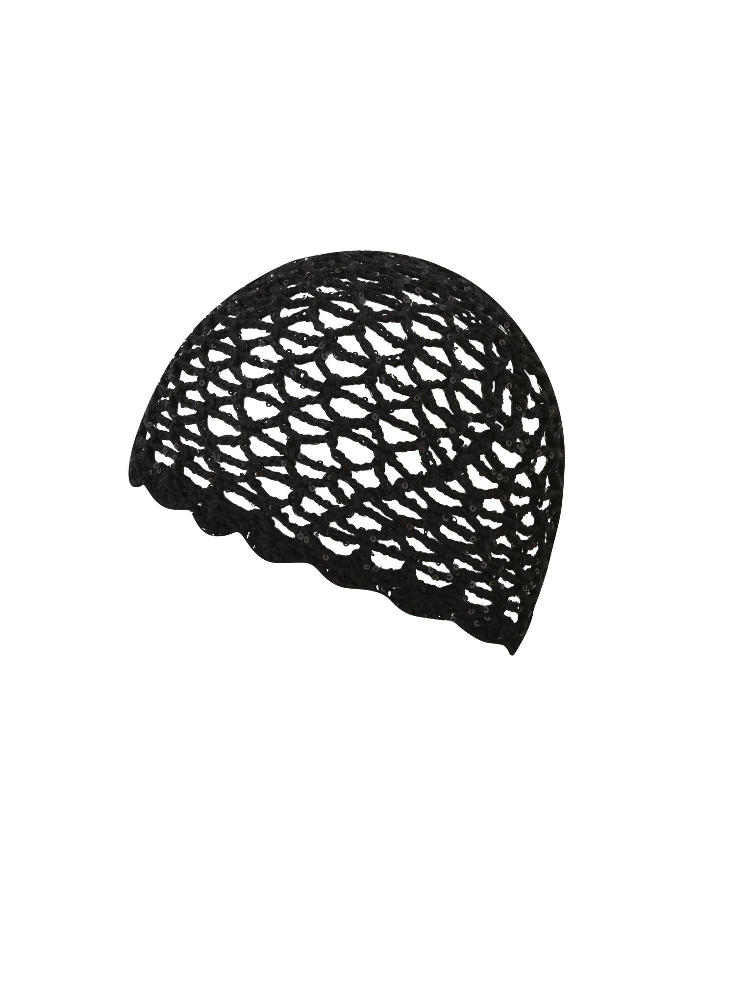 The STEVIE CROCHET CAP in black by TIGERMIST is displayed against a white background, featuring delicate lacework and a scalloped bottom edge—a perfect vintage-inspired accessory for festivals.