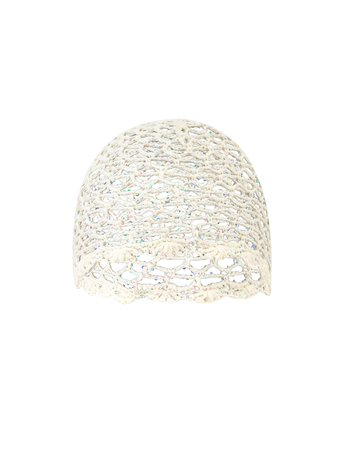 The STEVIE CROCHET CAP - CREAM by TIGERMIST is a sheer, cream-colored crocheted lace cap with a scalloped edge, shown against a plain white background.