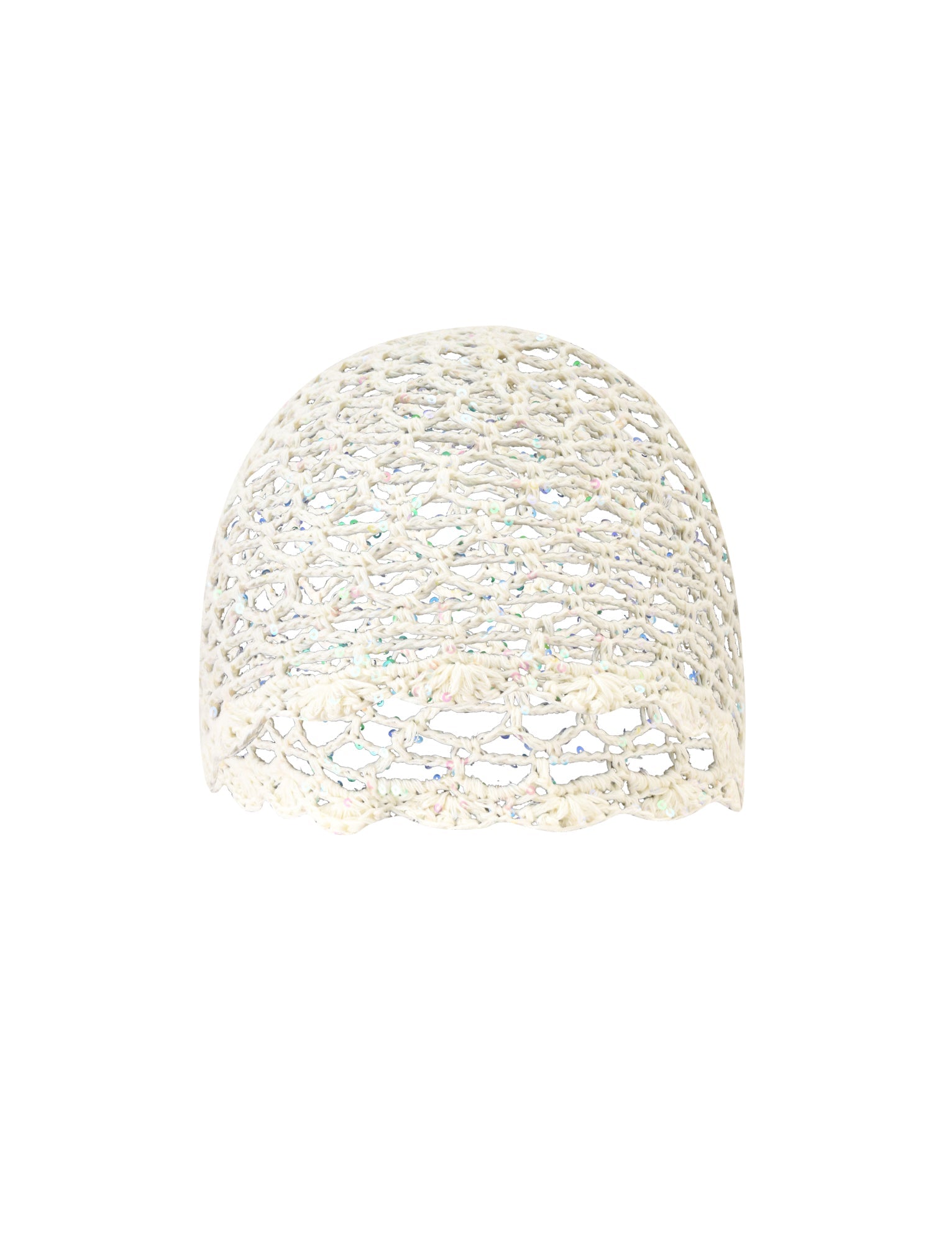 The STEVIE CROCHET CAP - CREAM by TIGERMIST is a sheer, cream-colored crocheted lace cap with a scalloped edge, shown against a plain white background.