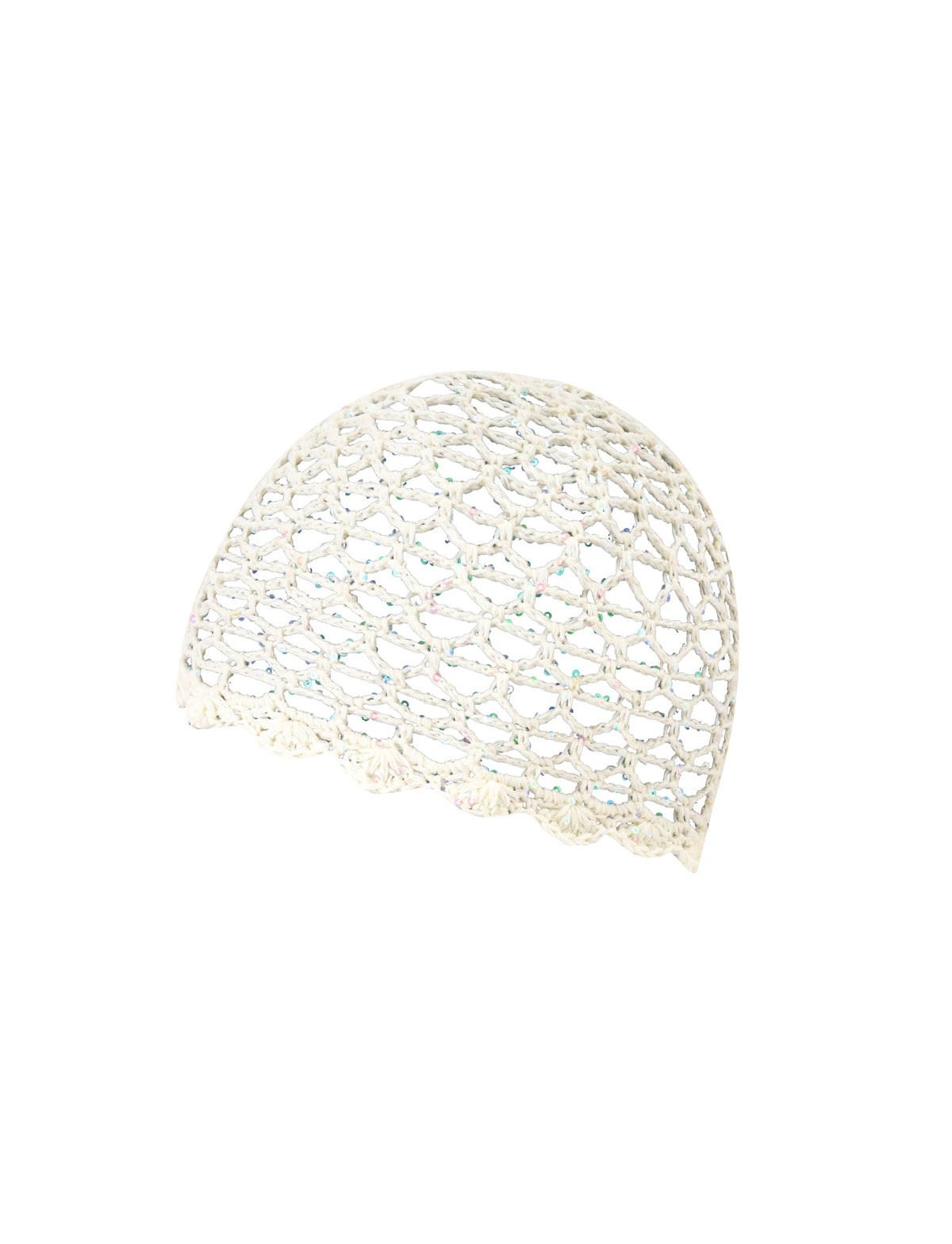 The STEVIE CROCHET CAP in cream by TIGERMIST features a white, sheer design with an open, lacy crochet pattern and a scalloped edge, shown against a plain white background.