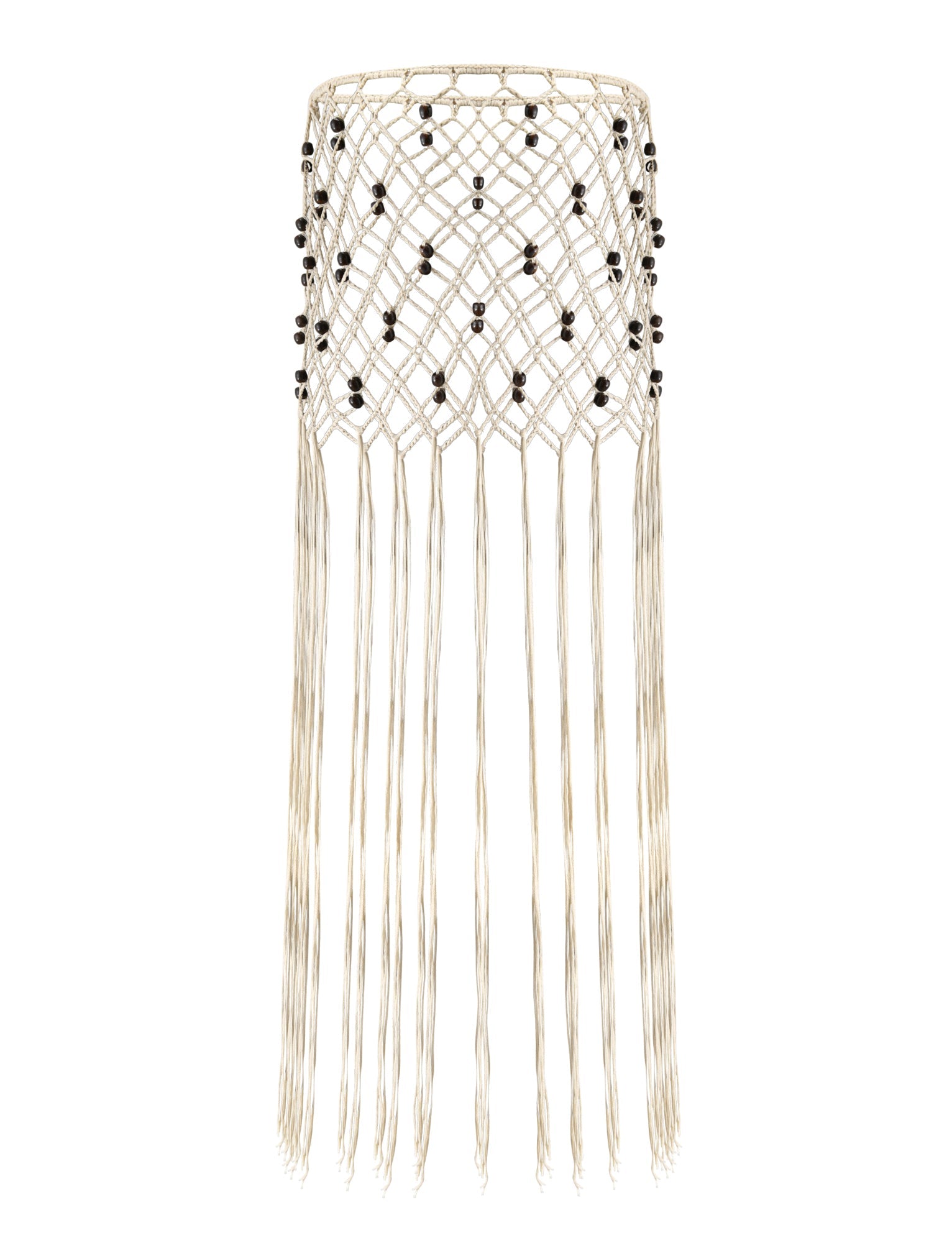 A cream-colored macramé wall hanging inspired by the ARLO CROCHET COVER-UP from TIGERMIST, featuring black beads, a diamond crochet pattern reminiscent of the cover-up, and long, straight fringe strands hanging down.