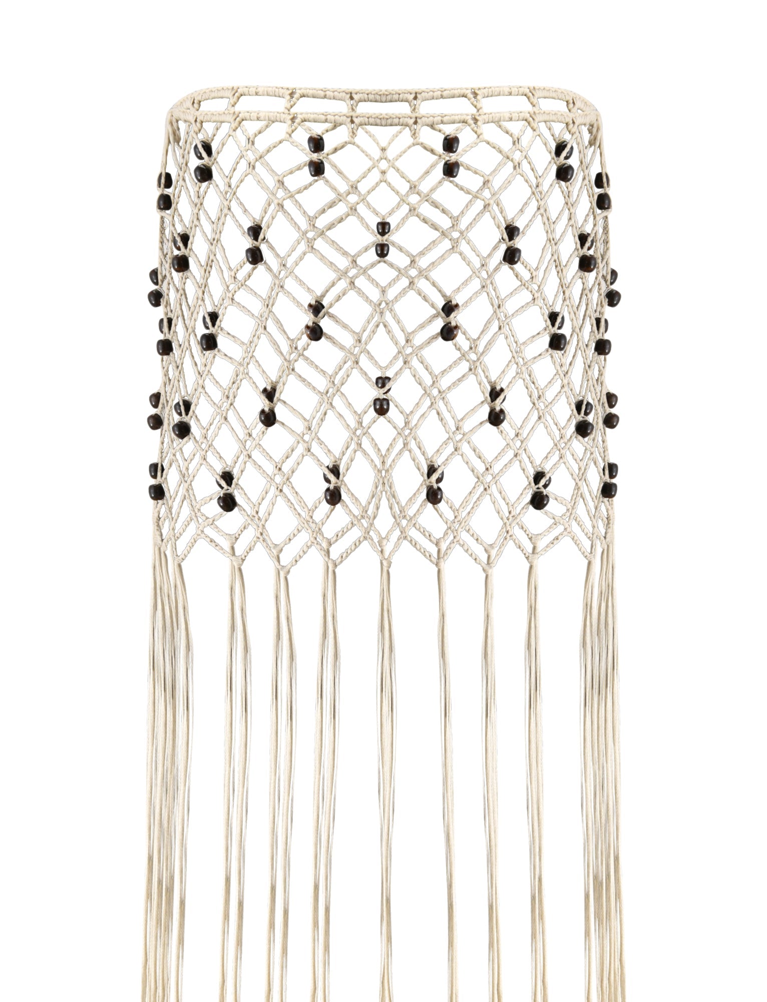 Introducing the ARLO CROCHET COVER-UP - CREAM by TIGERMIST: a decorative crochet piece featuring a diamond pattern accented with interwoven black beads. Long, fringed cords elegantly cascade from the hem, reminiscent of a fringe skirt, all crafted from cream-colored material.