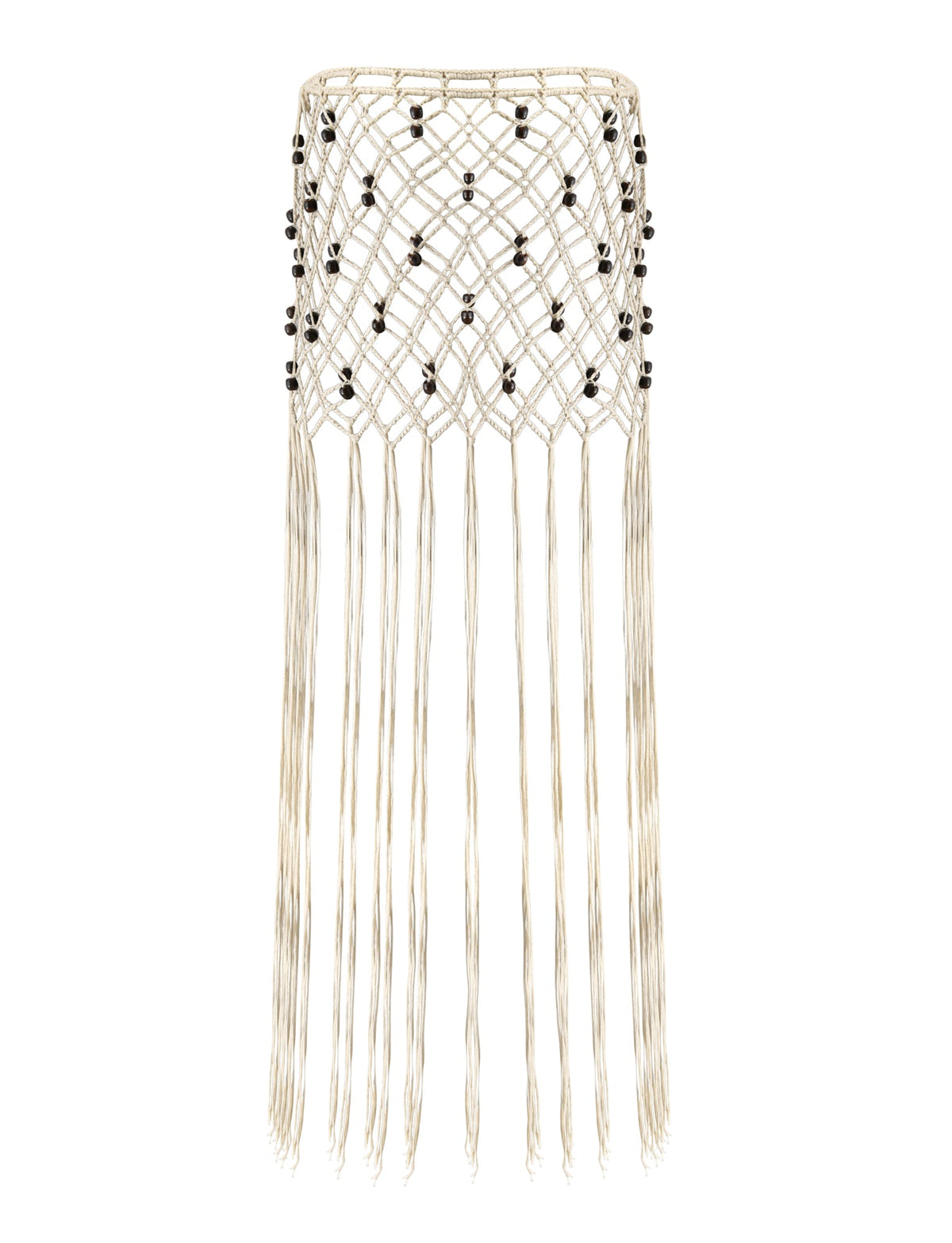 Inspired by the ARLO CROCHET COVER-UP in cream by TIGERMIST, this macramé lampshade features a diamond pattern adorned with small black beads and long flowing fringes crafted from cream-colored cords, adding bohemian charm to your space much like a chic beaded cover-up.