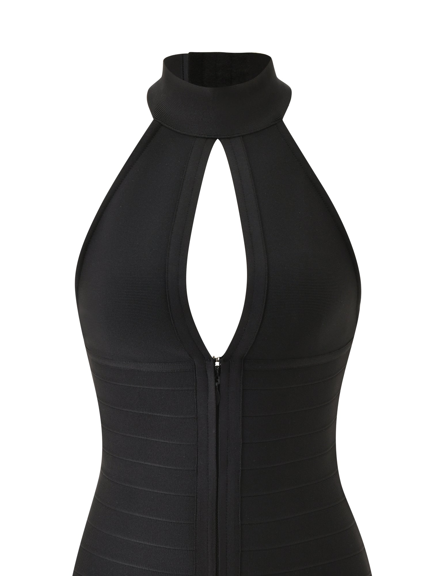 The CARINA BANDAGE MINI DRESS by TIGERMIST features a high collar halter neckline with a front keyhole cutout, a fitted bodycon silhouette in bandage-style fabric, and a visible front zipper. Only the upper portion of this sleek black mini dress is shown.