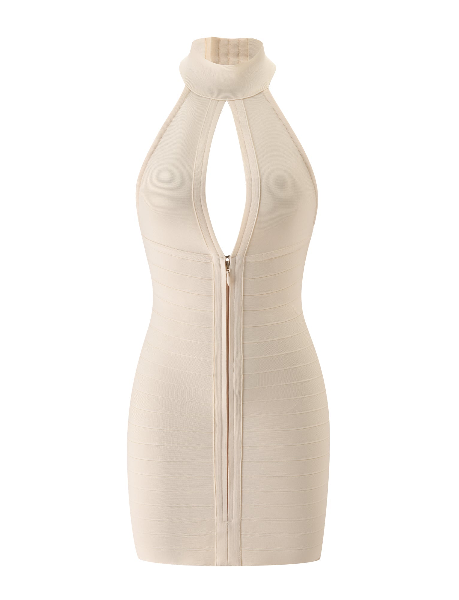 The CARINA BANDAGE MINI DRESS - CREAM by TIGERMIST is a beige sleeveless bodycon mini dress featuring a halter neck, front keyhole cutout, and a prominent front zipper that extends from the neckline to the hem—making it an ideal choice for a chic bridal shower or any special occasion where you want an elegant cream bandage look.