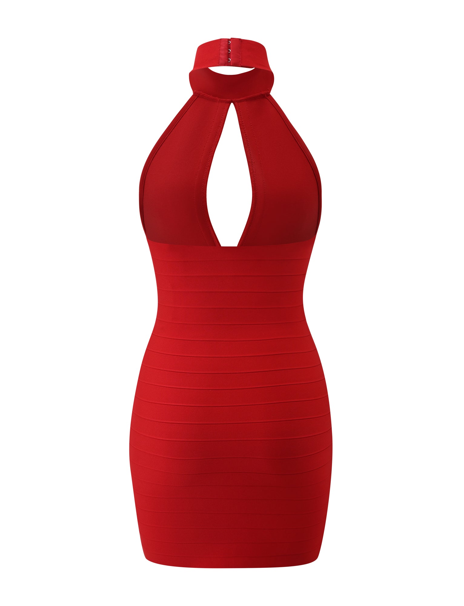 Step out in the CARINA BANDAGE MINI DRESS - RED by TIGERMIST—a sleeveless, form-fitting mini dress with a striking halter neckline and keyhole chest cutout, detailed with horizontal ribbing throughout for a bold, flattering look that’s perfect for your next date night.