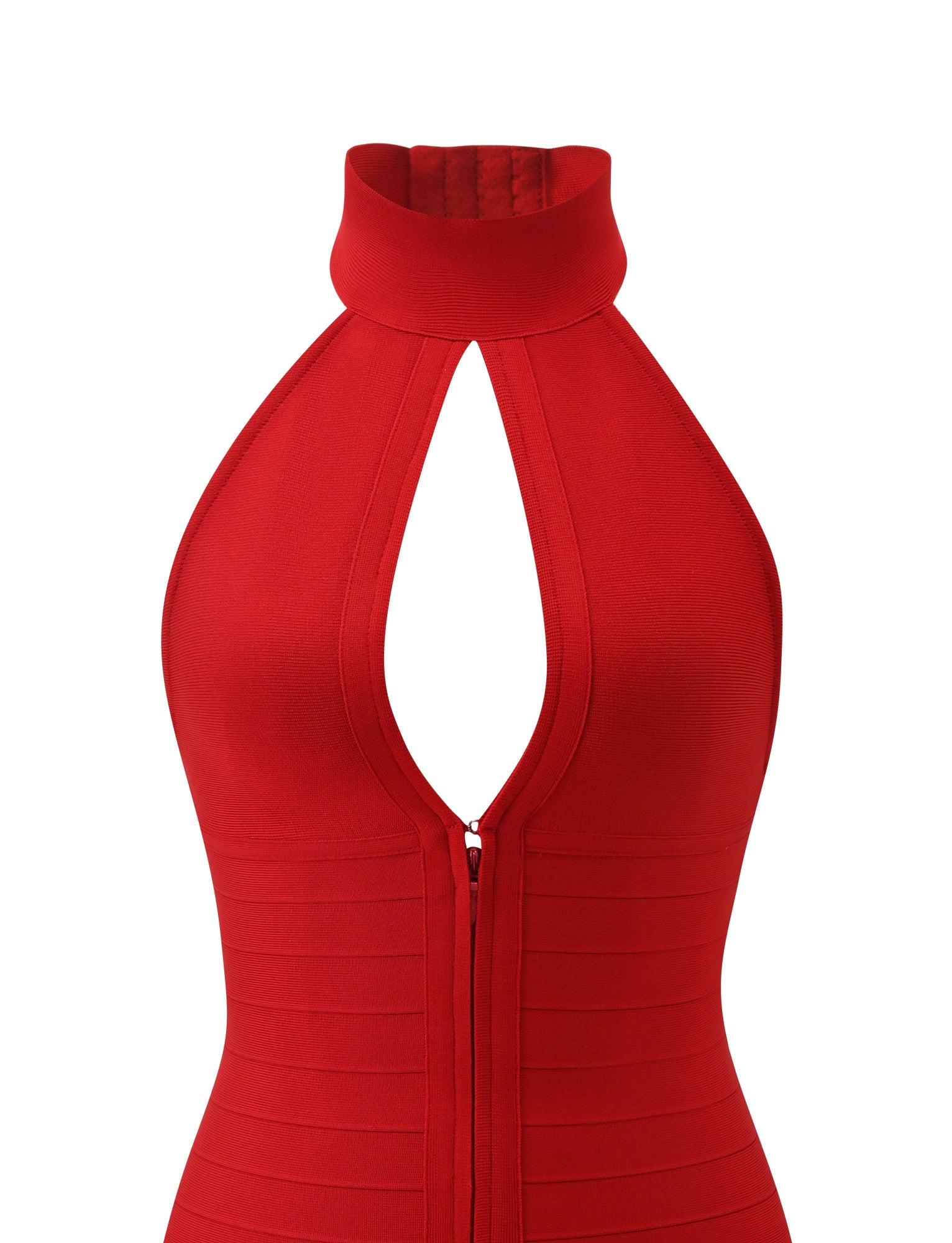 Close-up of the CARINA BANDAGE MINI DRESS - RED by TIGERMIST, a sleeveless, form-fitting mini dress featuring a high neckline with a front keyhole cutout. The horizontal banding and visible front zipper enhance its flattering bodycon fit, making it the perfect date night dress.