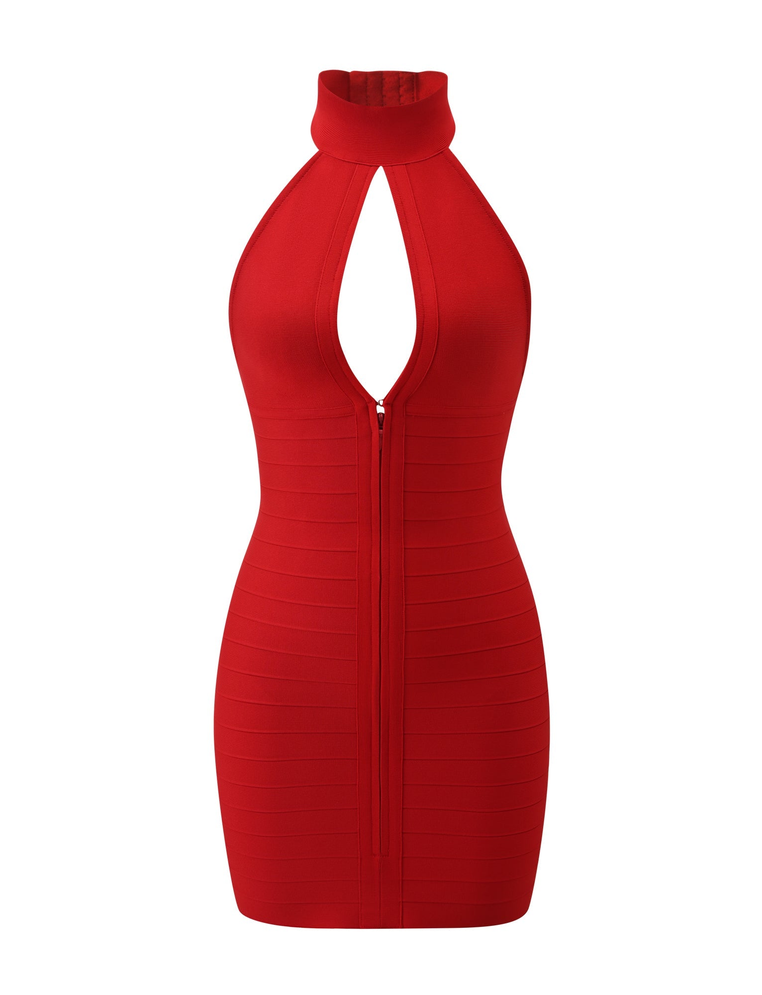 Introducing the CARINA BANDAGE MINI DRESS - RED by TIGERMIST: This sleeveless, bodycon mini dress features a striking halter neckline, a front cutout detail, and a visible front zipper running down the center. It’s the perfect statement piece for your next date night.
