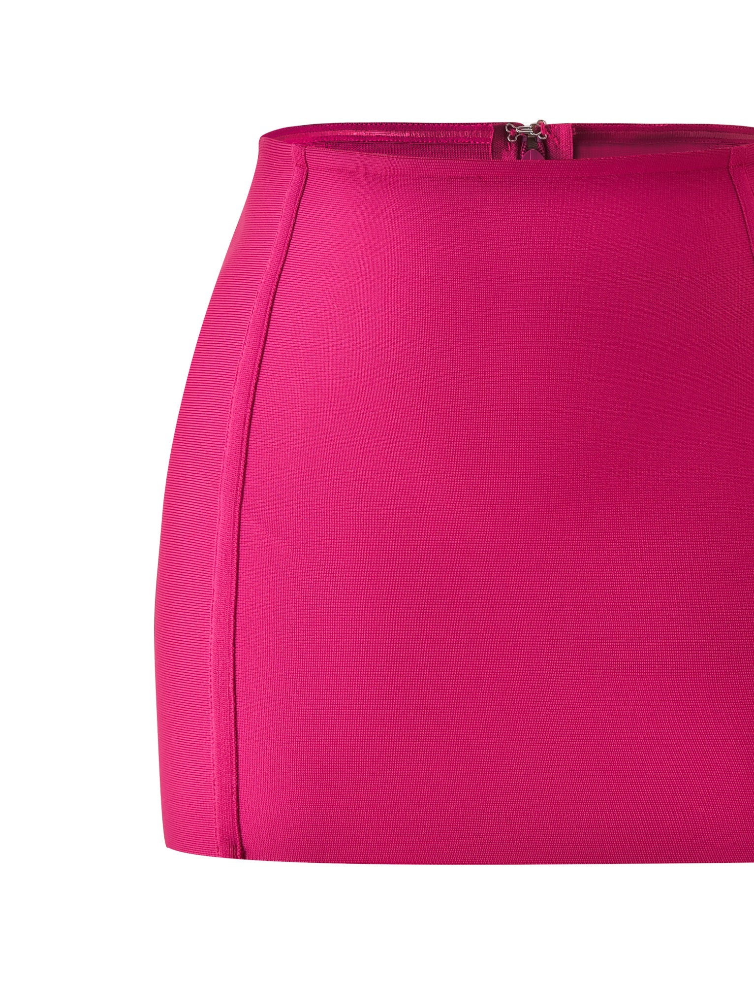 The EVA BANDAGE MINI SKIRT - MAGENTA by TIGERMIST is a bright pink, high-waisted bodycon mini skirt crafted from fitted, stretchy fabric. Featuring a visible back zipper, this skirt boasts a smooth texture and sleek, simple design—making it an ideal essential for cocktail hour.