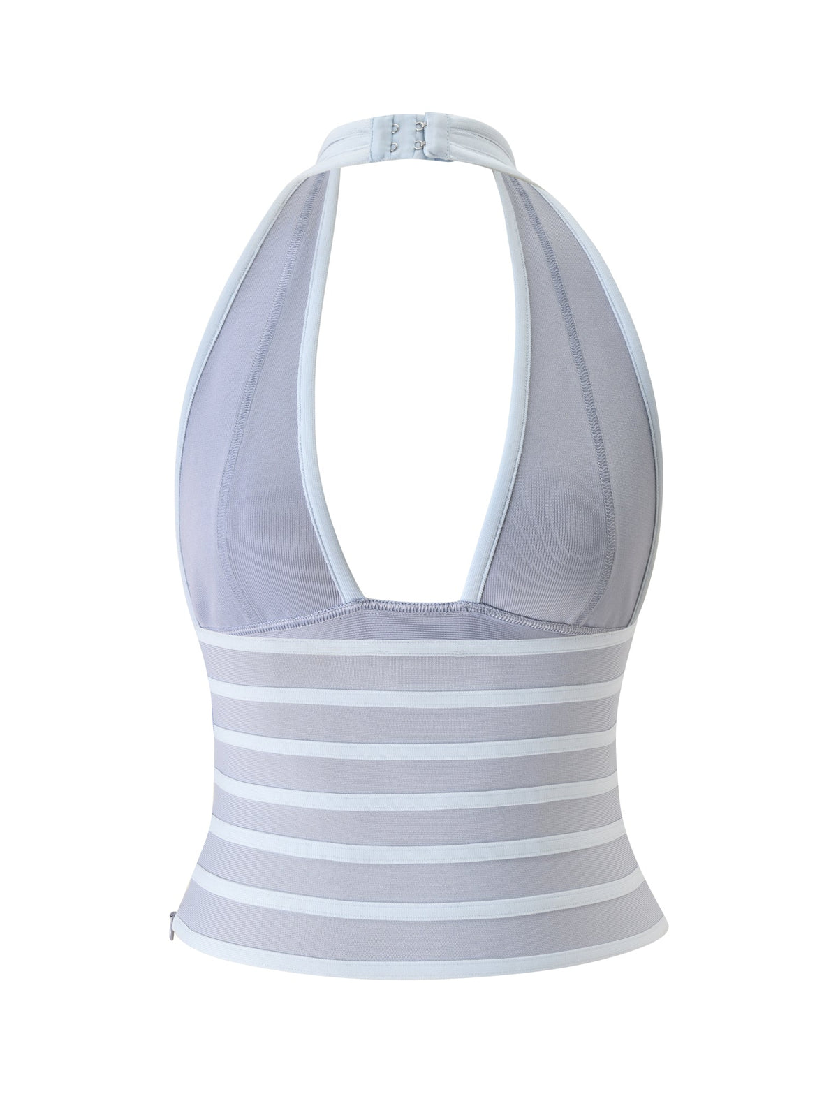 The BRIGIT BANDAGE TOP by TIGERMIST is a sleeveless, backless halter neck top in dove grey, detailed with white vertical trim and horizontal white stripes across the lower half. This modern design offers a flattering, bodycon fit.