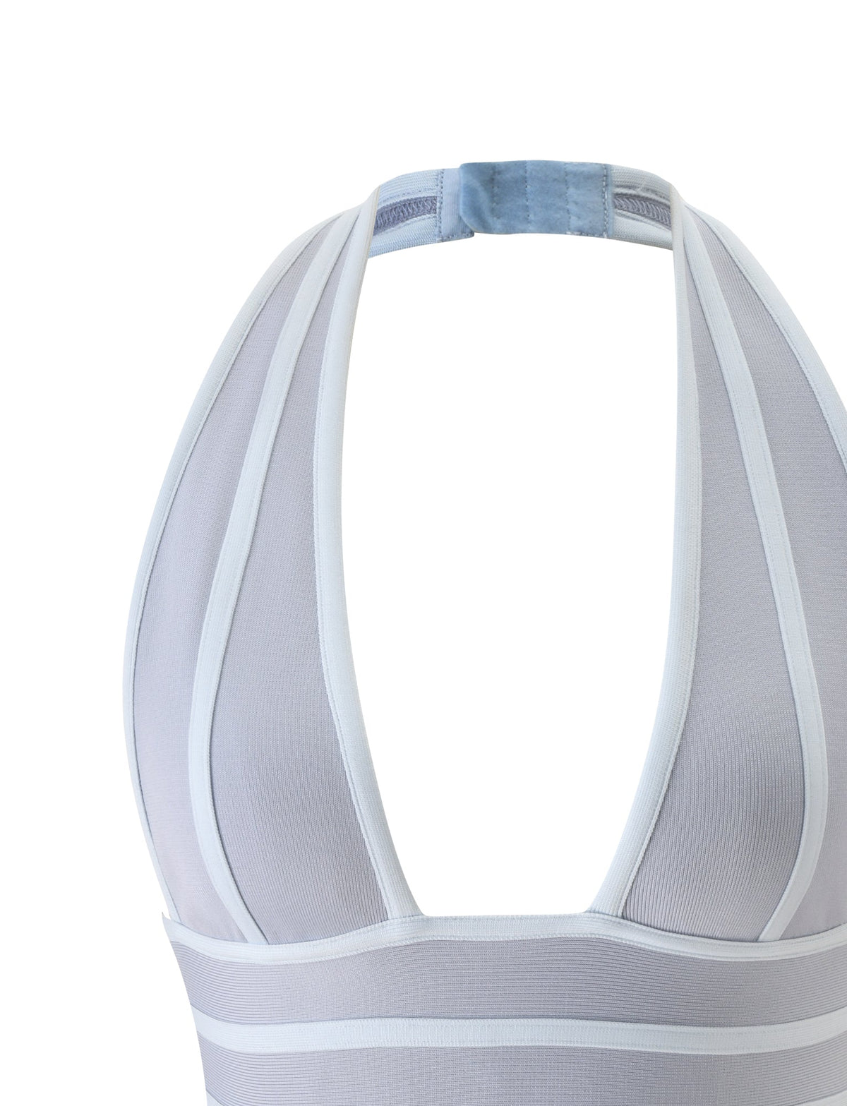 Close-up of the TIGERMIST BRIGIT BANDAGE TOP in dove grey, featuring a halter neck with white trim, a neck clasp, mesh fabric, bodycon fit, and a v-neckline.