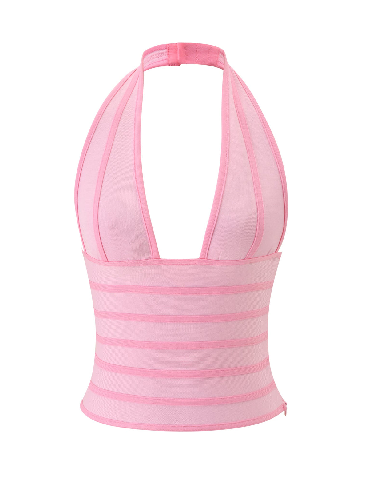 The BRIGIT BANDAGE TOP - PINK by TIGERMIST is a pink halter neck bandage top with a deep V-neckline and horizontal light and dark pink stripes on the lower half. Made from stretchy bandage fabric, this sleeveless, bodycon style offers a flattering fit and fastens securely with a clasp at the neck.