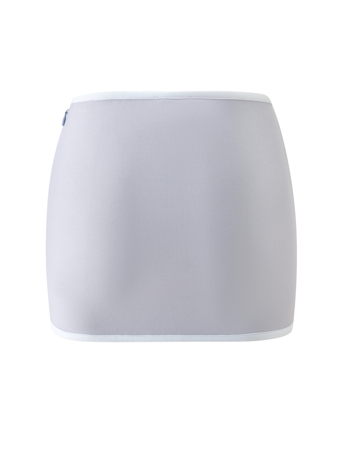 The BRIGIT BANDAGE MINI SKIRT by TIGERMIST is an A-line mini skirt in dove grey, featuring white trim on the waistband and hem, displayed against a plain white background.
