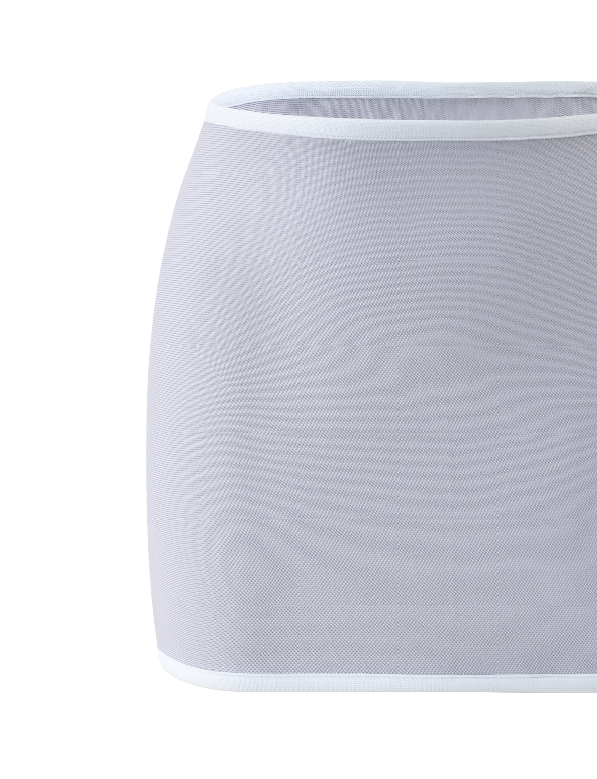The BRIGIT BANDAGE MINI SKIRT by TIGERMIST is a dove grey, form-fitting mini skirt featuring white trim along the waistband and hem, shown against a plain white background.