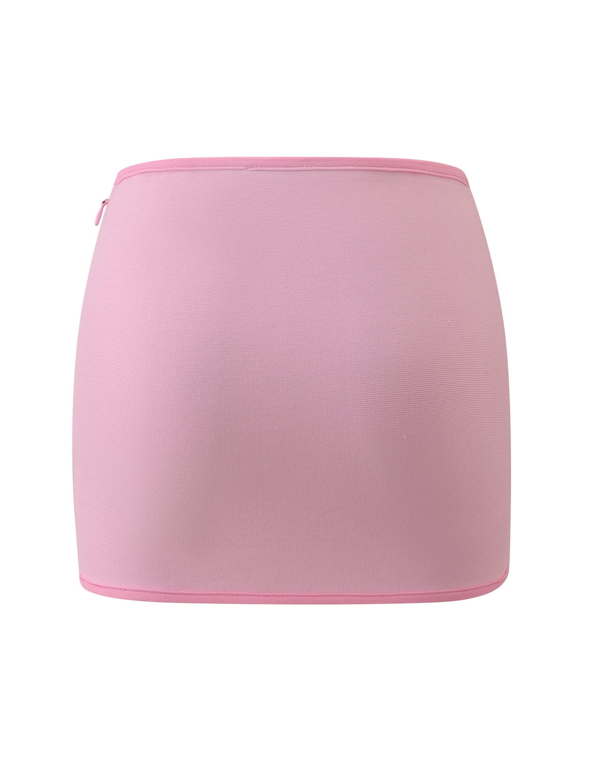 The BRIGIT BANDAGE MINI SKIRT by TIGERMIST is a light pink, bodycon mini skirt featuring a simple, fitted silhouette with visible seams along the top and bottom edges, displayed against a white background.