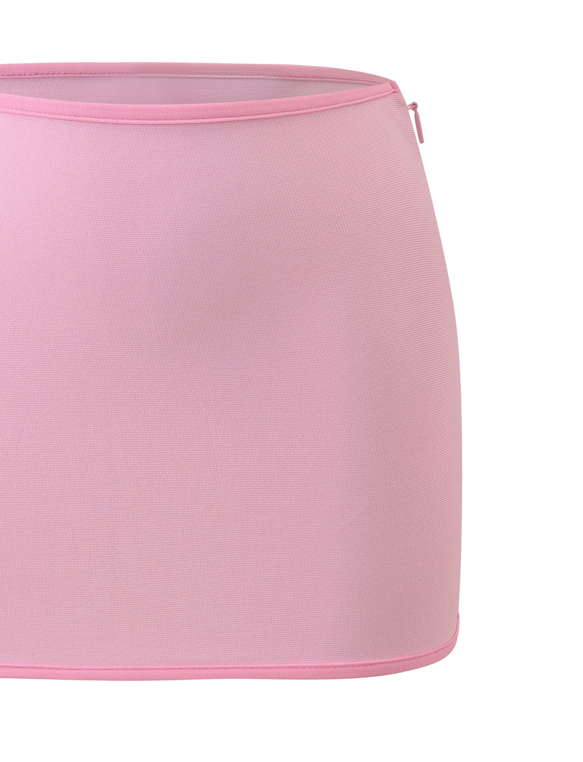 A close-up view of the TIGERMIST BRIGIT BANDAGE MINI SKIRT in pink, featuring a fitted waist and side zipper, photographed against a plain white background.