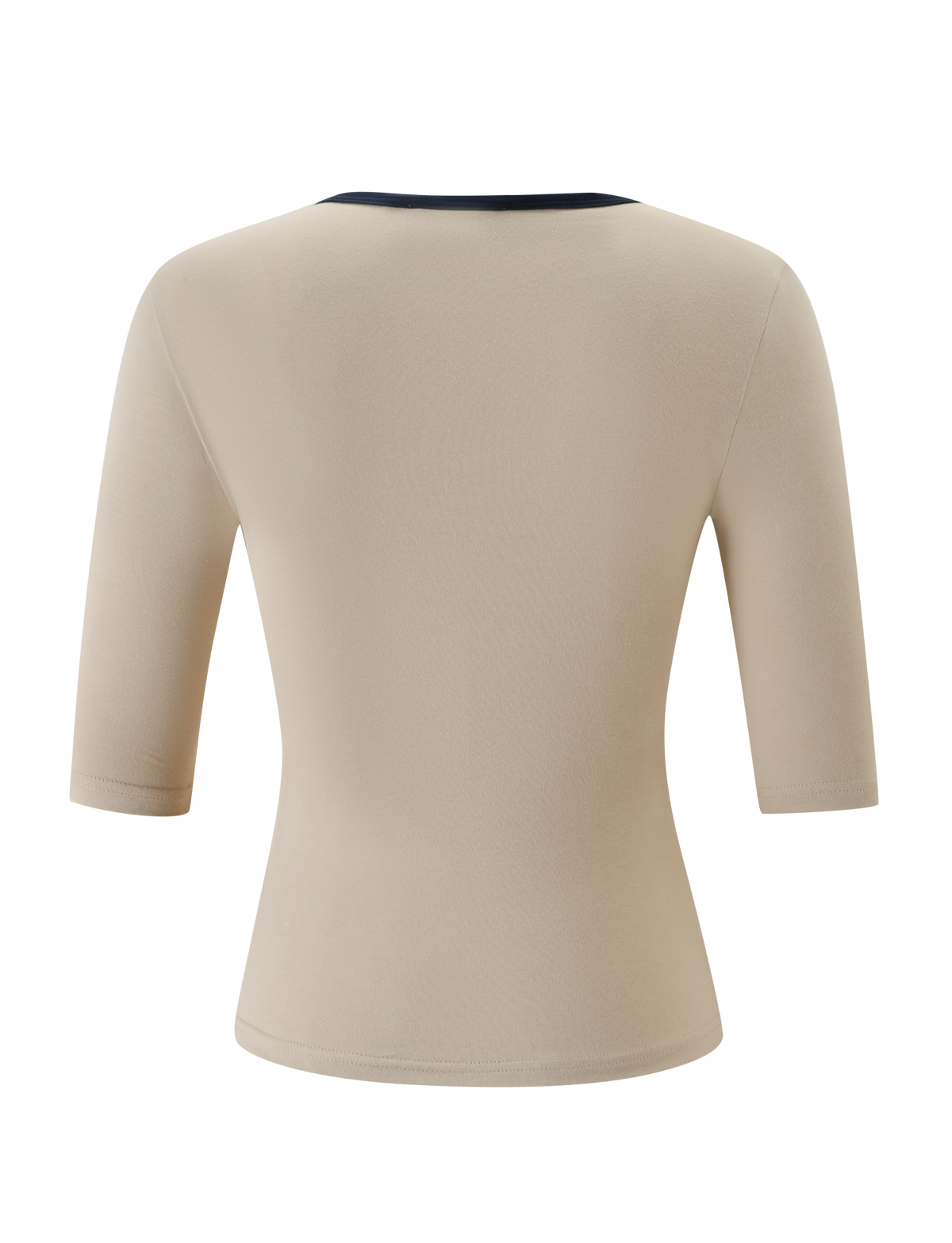 The SHANICE TOP - SAND by TIGERMIST is a beige short-sleeved, fitted top shown from the back, featuring a navy contrast v-neck band at the neckline and a smooth, seamless bodycon fit.