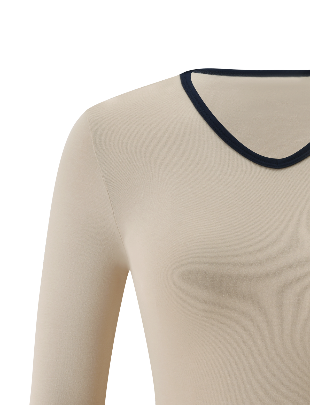 SHANICE TOP - SAND by TIGERMIST, a beige long-sleeve, bodycon-fit top with a black round neckline, displayed from the shoulders to upper torso against a plain white background.
