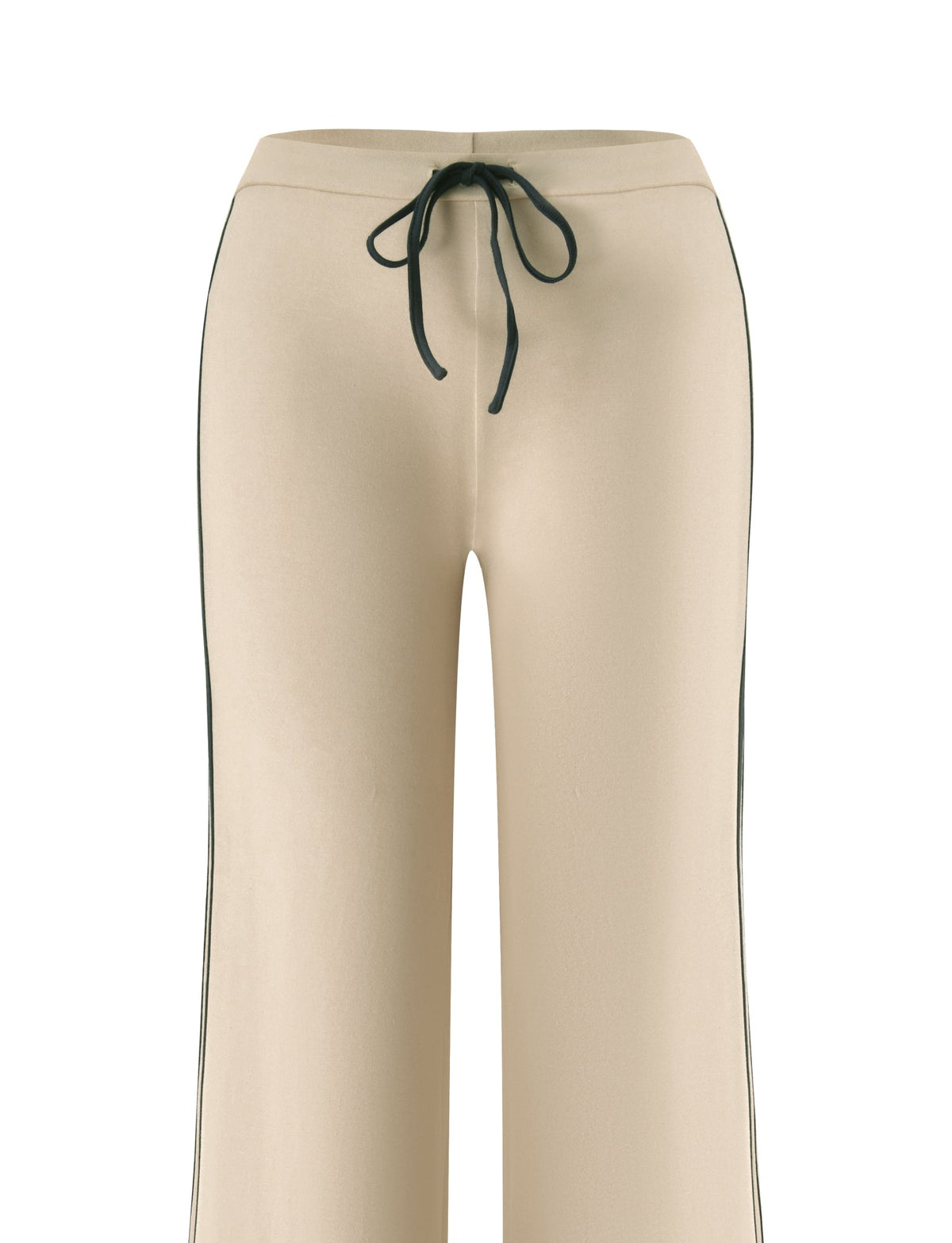 The SHANICE LOUNGE PANT - SAND by TIGERMIST is a beige wide-leg athletic lounge pant featuring a black drawstring at the waist and thin black piping along the side seams, crafted from soft stretch jersey fabric and shown on a white background.