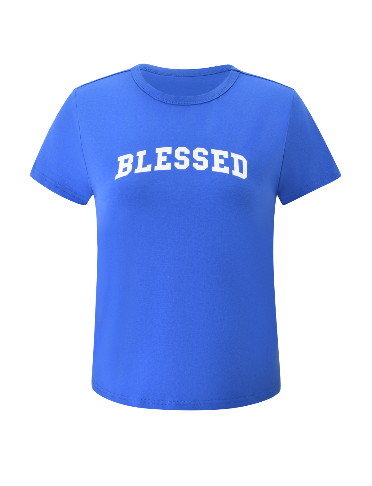 The BLESSED BABY TEE - BLUE by TIGERMIST is a royal blue graphic baby tee with short sleeves and a vintage relaxed fit, showcasing the word “BLESSED” in bold white capital letters across the chest. The tee is displayed on a plain white background.