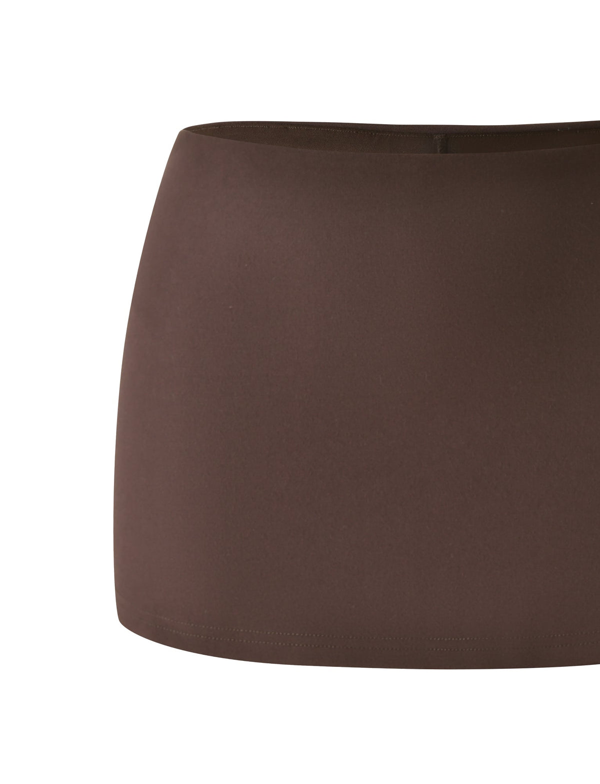 The TIGERMIST AUDRA MINI SKORT in brown features a high-waisted, bodycon fit and super cropped length, showcased against a white background.