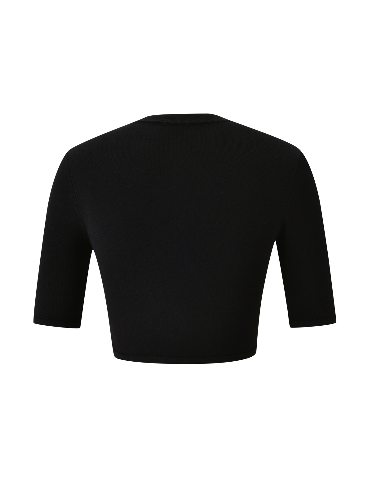 Black, short-sleeve, fitted crop top from the TIGERMIST ELSIE CARDIGAN collection, shown from the back against a plain white background.