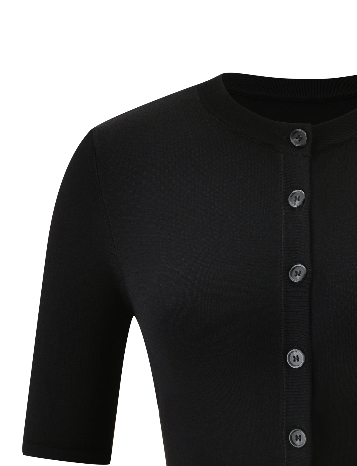 Close-up of the ELSIE CARDIGAN - BLACK by TIGERMIST, a cropped, fully fashioned knit cardigan with short sleeves, a round neckline, and a row of black buttons down the front. Only the upper part is visible against a white background.