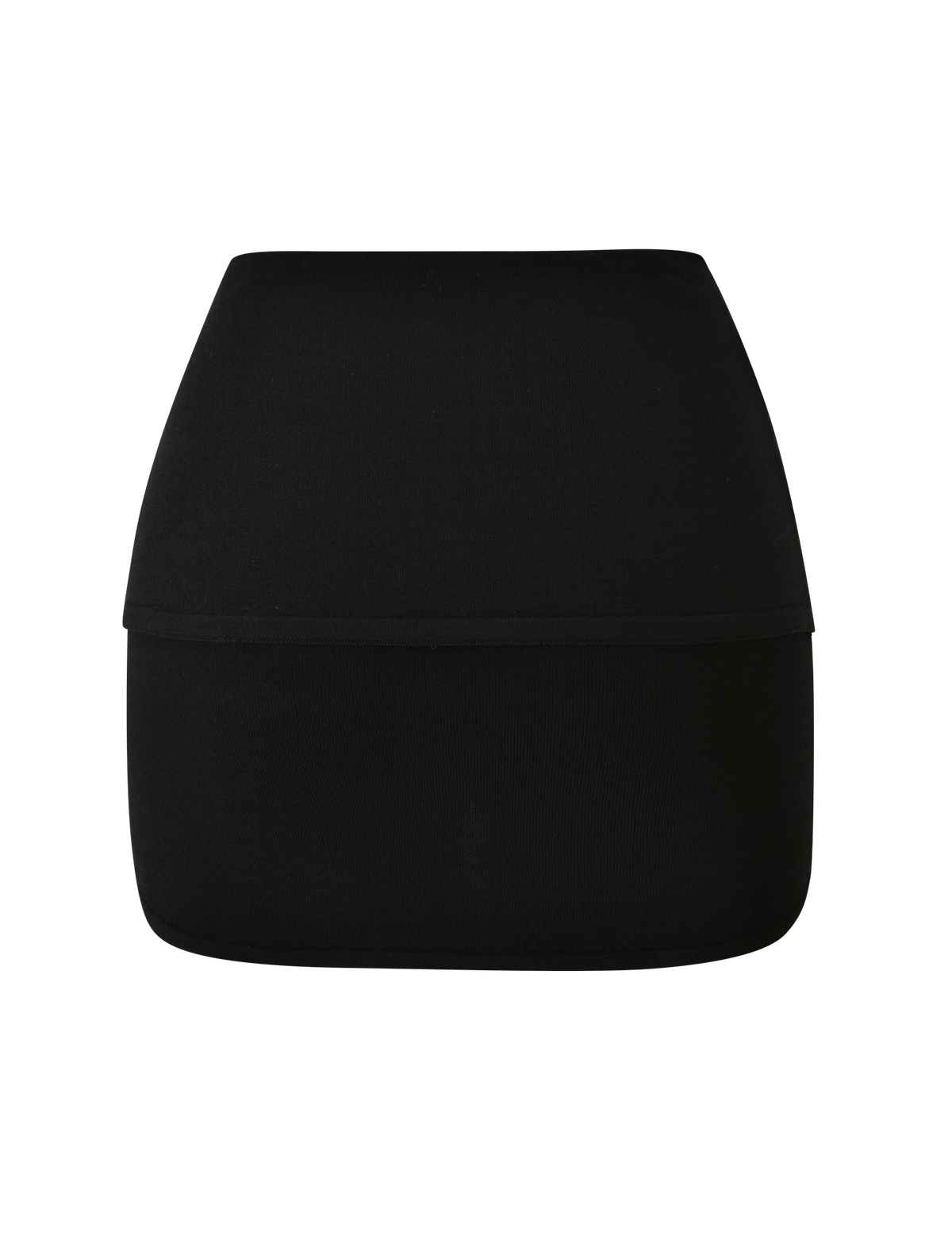 The ELSIE MINI SKIRT - BLACK by TIGERMIST is a high-waisted, fully fashioned knit mini skirt designed for a sleek silhouette and shown against a white background—an ideal transeasonal wardrobe essential.