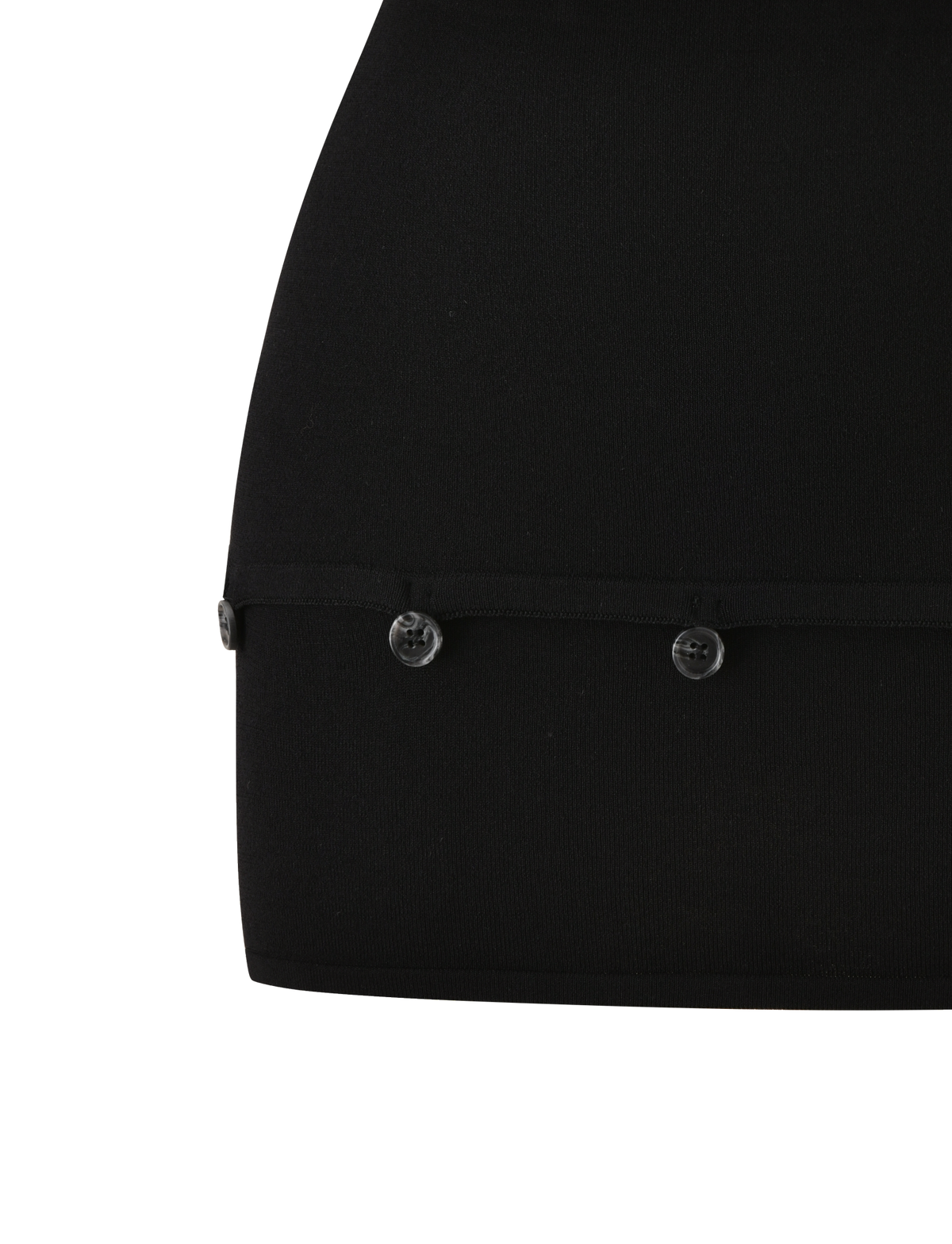 Close-up of the ELSIE MINI SKIRT - BLACK by TIGERMIST, a buttoned mini skirt crafted from fully fashioned knit fabric. It features a horizontal row of four black buttons near the bottom edge, set against a white background—an essential transeasonal piece for your wardrobe.
