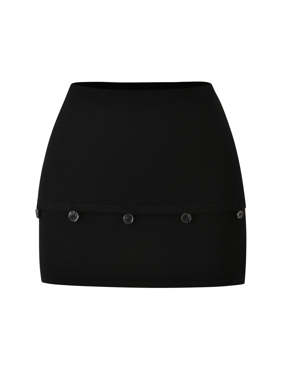 The ELSIE MINI SKIRT - BLACK by TIGERMIST features a fitted silhouette in a fine knit, designed with a horizontal trim and evenly spaced black buttons across the front. Set against a plain white background, this mini skirt is a transeasonal wardrobe essential that blends modern style with timeless versatility.