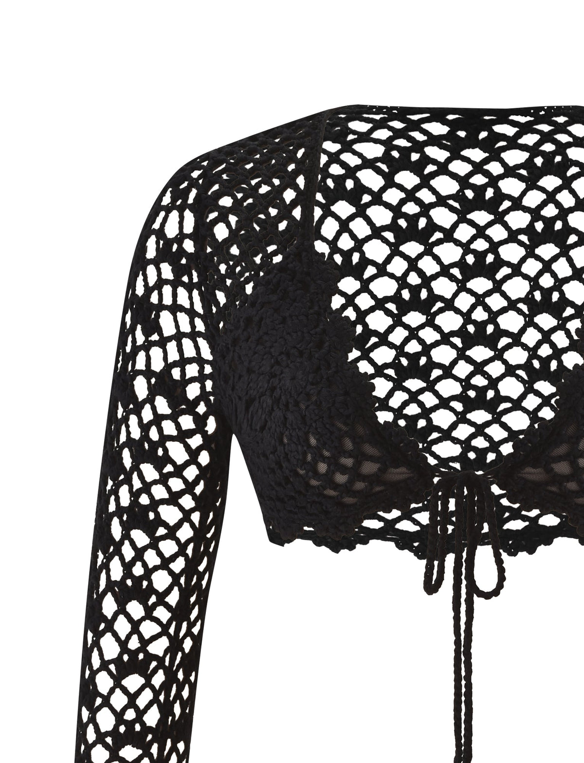 The SASHA CROCHET LONG SLEEVE TOP - BLACK by TIGERMIST is displayed on a white background, featuring an open net pattern. The image highlights the shoulder and chest areas, showcasing the intricate crochet design of this festival-ready top.