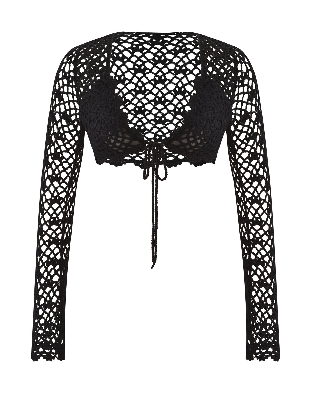 The SASHA CROCHET LONG SLEEVE TOP by TIGERMIST features a chic black open-knit design with long sleeves, a tie-front closure, and comes with a matching bralette—ideal for adding playful festival flair. Garment is displayed on a white background.