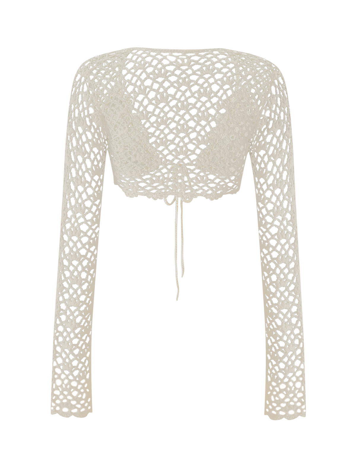 The SASHA CROCHET LONG SLEEVE TOP - CREAM by TIGERMIST features an off-white open-weave crochet design, long sleeves, and a back tie—making it the perfect festival top. Shown against a plain white background.
