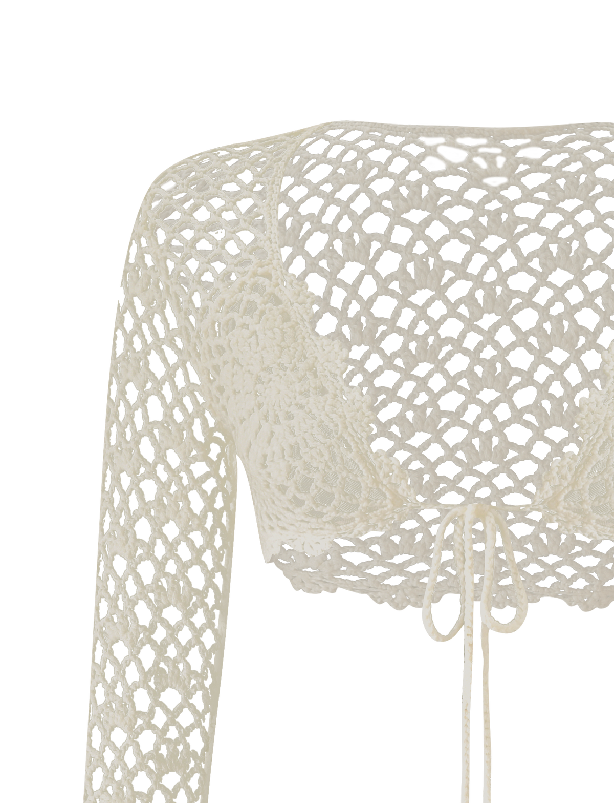 A close-up of the SASHA CROCHET LONG SLEEVE TOP in cream by TIGERMIST, featuring intricate open-knit patterns, a tie-front detail, and long sleeves—perfect as a standout festival piece—displayed against a plain white background.