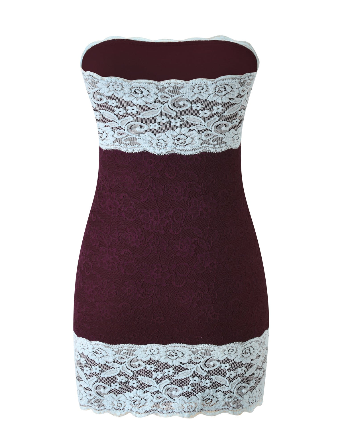 The SAXON MINI DRESS - CHERRY COLA by TIGERMIST is a strapless maroon lace mini dress with delicate white lace trim along the top and bottom edges, elegantly showcased against a plain white background.