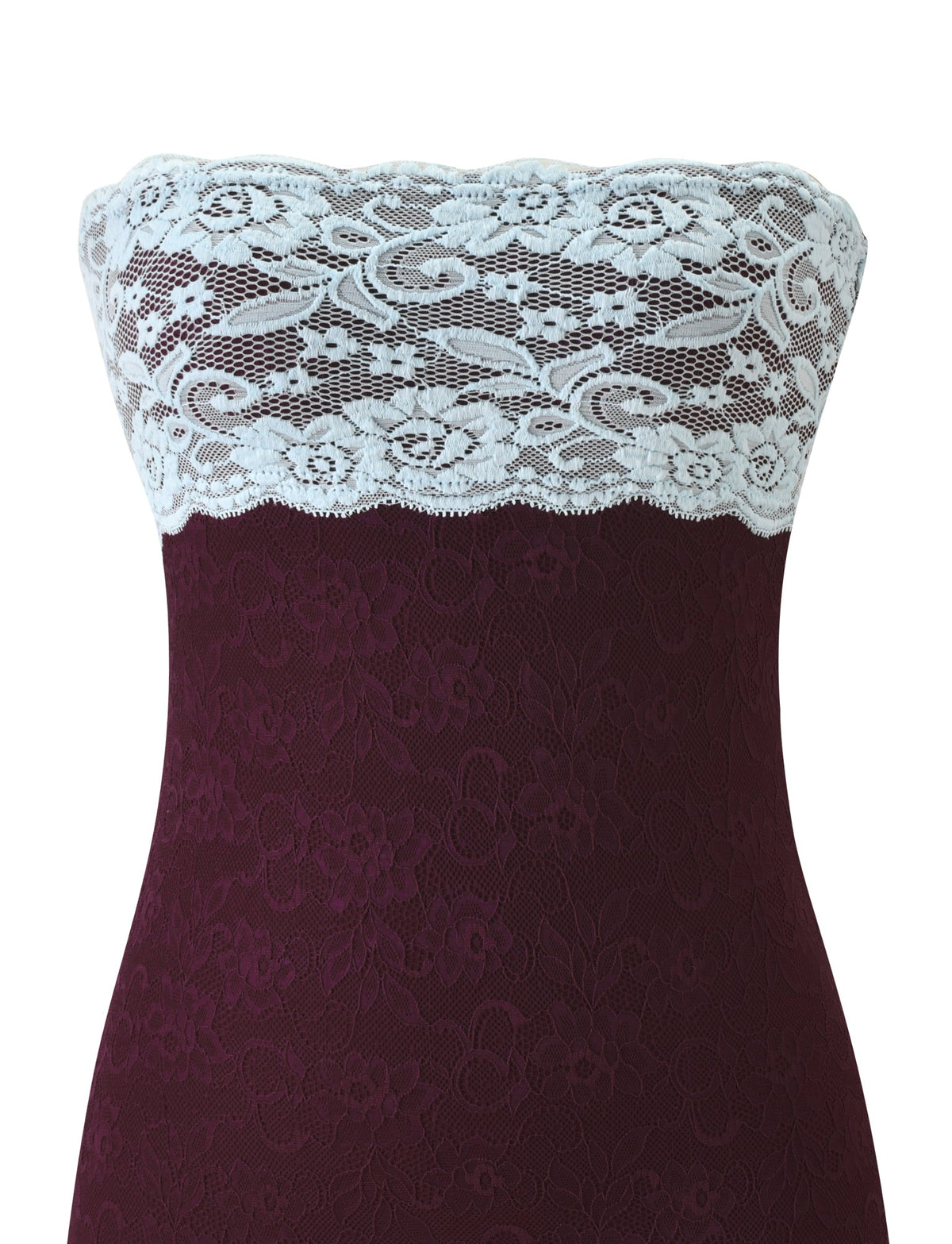 The SAXON MINI DRESS - CHERRY COLA by TIGERMIST is a strapless maroon lace mini dress featuring a delicate white lace overlay at the top, showcased on a mannequin against a white background. This elegant piece seamlessly blends timeless style with contemporary appeal.