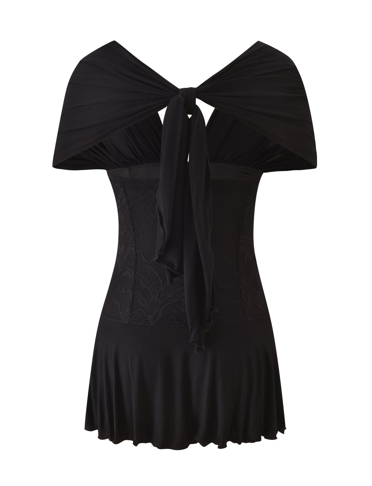 Introducing the CLEO MINI DRESS in black by TIGERMIST—a chic mini dress with a textured bodice, flared skirt, and wide tie detail at the back that forms a feminine bow, offering an elevated spin on the classic little black dress.