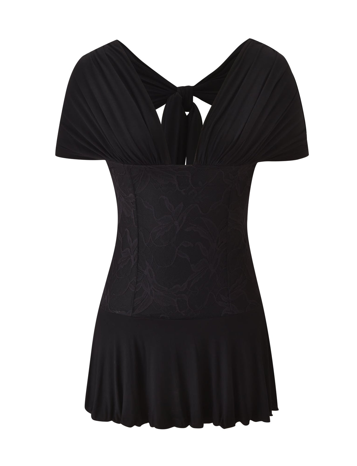 The CLEO MINI DRESS - BLACK by TIGERMIST is a classic LBD featuring a fitted bodice with floral patterns, draped cap sleeves, and an open back adorned with a tied bow. Its short, gently flared skirt creates an effortlessly chic silhouette.