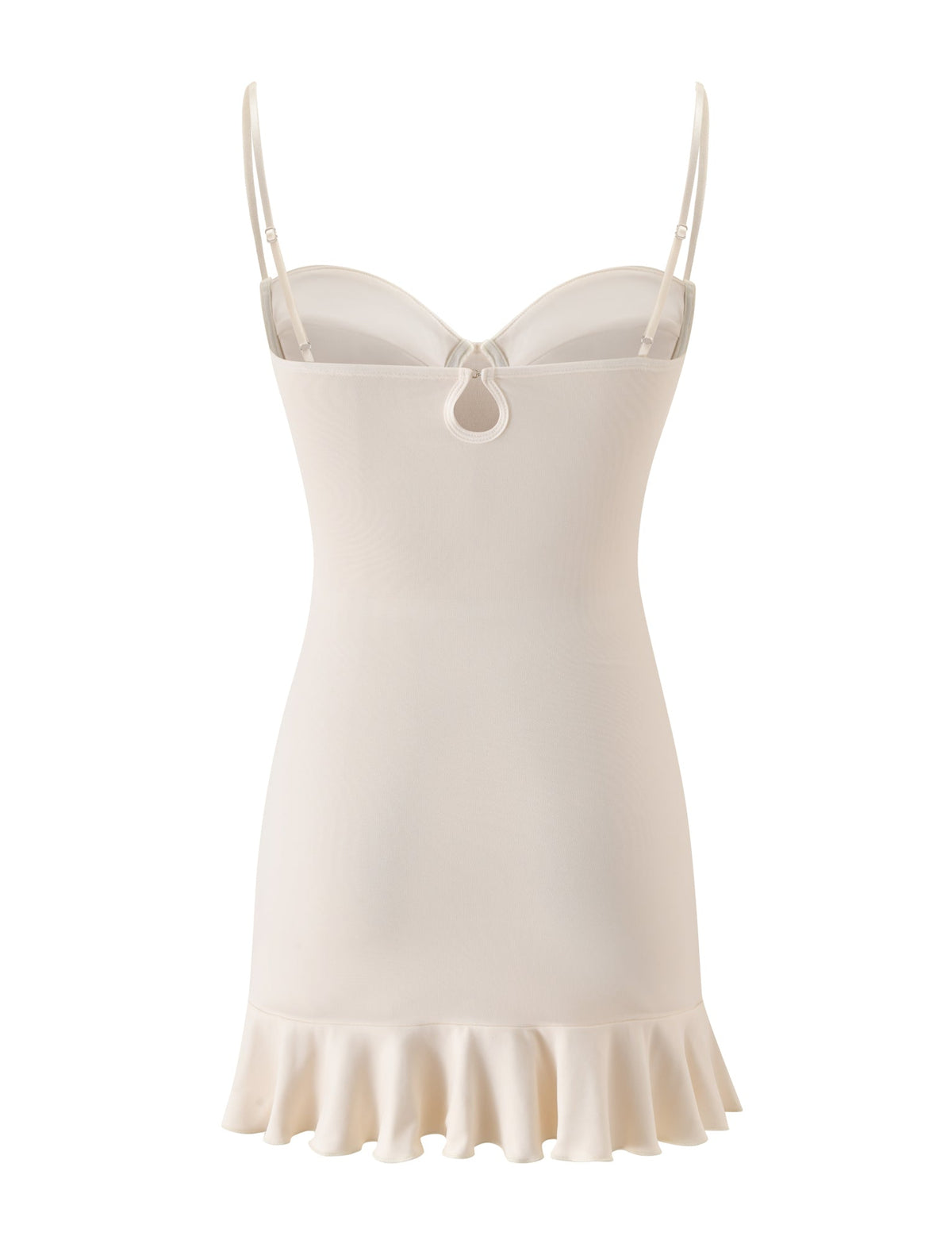 Presenting the GIULIA MINI DRESS - IVORY by TIGERMIST: a cream-colored, sleeveless bodycon slip dress featuring thin straps, a subtle keyhole cutout below the neckline, and a ruffled hem. Crafted from smooth, slightly sheer fabric for an elegant look—perfect as a chic satin trim mini dress or an elevated choice for bridal showers.