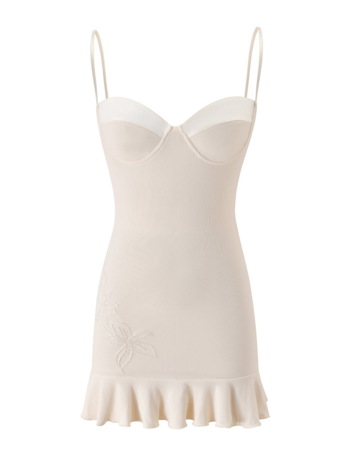Introducing the GIULIA MINI DRESS - IVORY by TIGERMIST—a cream-colored, sleeveless mini dress featuring delicate spaghetti straps, a fitted bodice, floral embroidery along the side, and a ruffled hem. Perfect for bridal showers or as a chic satin-trimmed dress for special occasions.