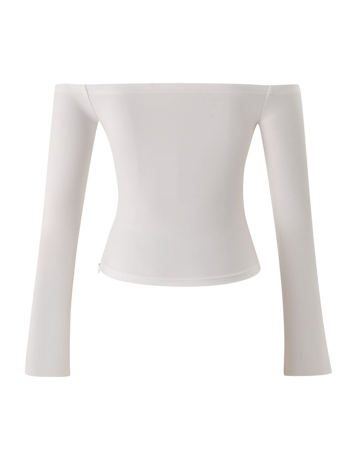 The IDINA TOP - IVORY by TIGERMIST is an off-the-shoulder, long-sleeve top featuring a fitted silhouette, flared sleeves, and elegant faux pearl buttons, displayed on a plain white background.