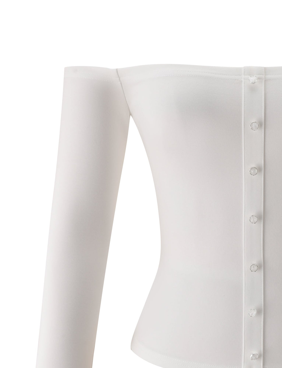 TIGERMIST IDINA TOP - IVORY: An off-the-shoulder, long sleeve top with a fitted silhouette, crafted from smooth, seamless fabric and detailed with faux pearl buttons down the front. Only the upper section and left sleeve are shown against a white background.