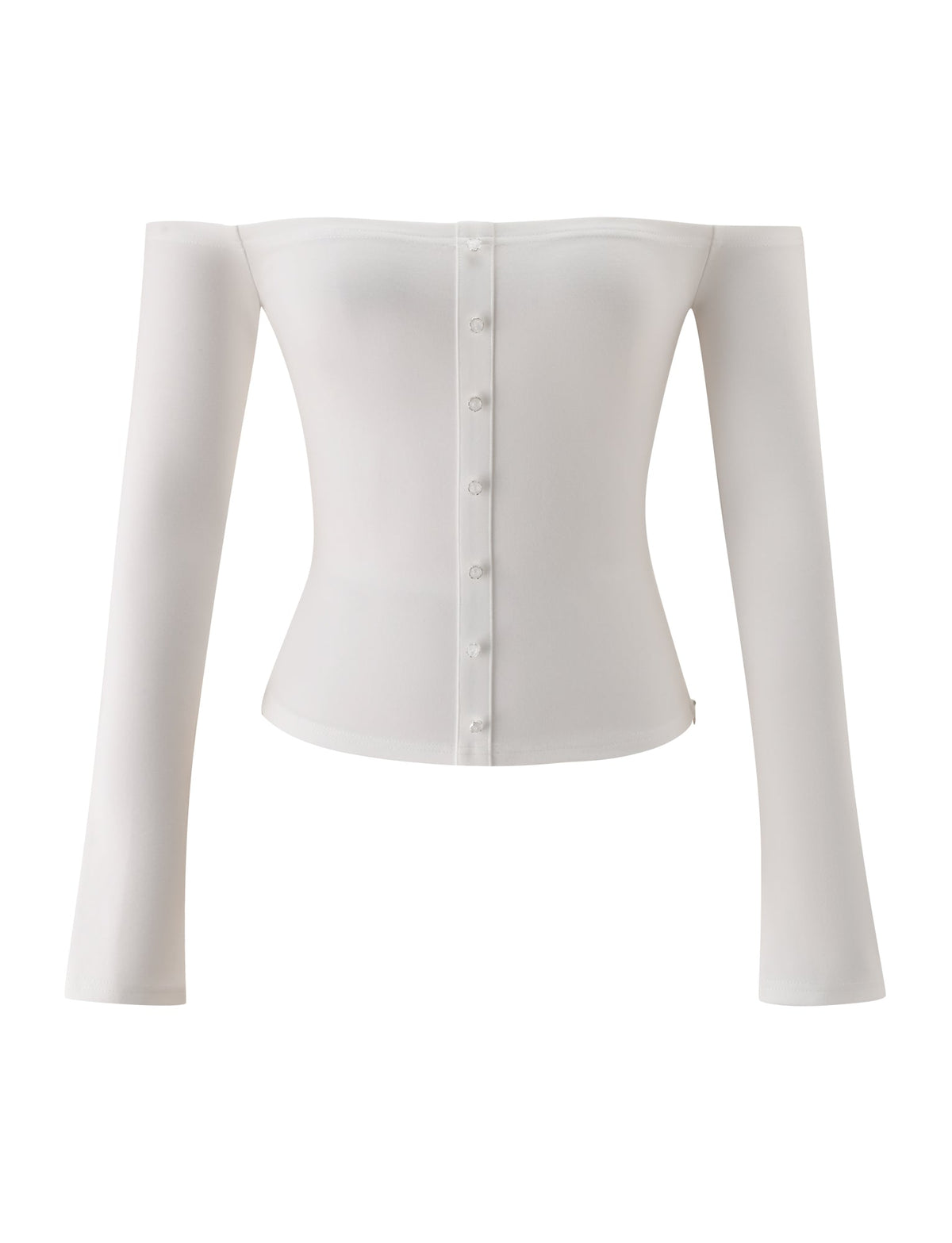 The IDINA TOP - IVORY by TIGERMIST is an ivory off-the-shoulder long-sleeve top featuring a fitted silhouette and faux pearl buttons down the front. Its minimalistic, sleek design includes slightly flared sleeve ends for a modern touch.
