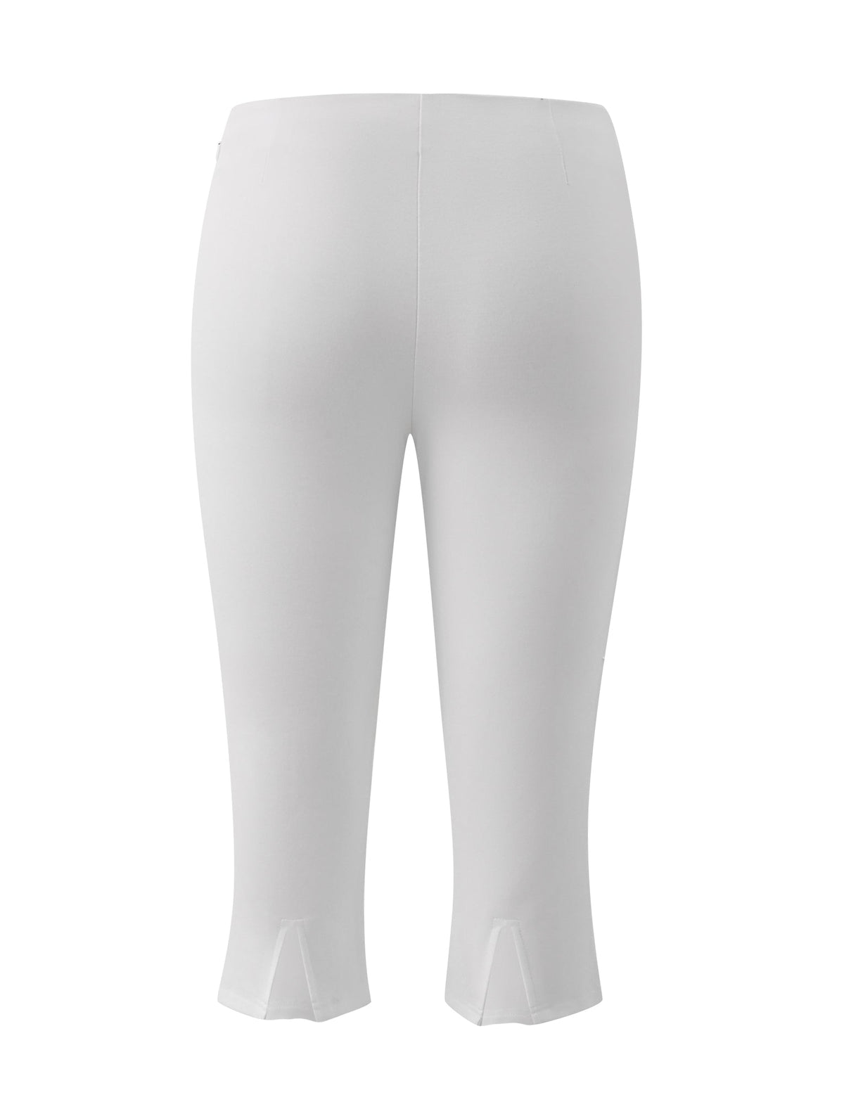 The TIGERMIST IDINA CAPRI in Ivory is shown from the back, highlighting its fitted design and small slits at the hem of each leg. Crafted from comfortable, stretchy ponte fabric for a sleek silhouette, these capri pants are displayed against a plain white background.