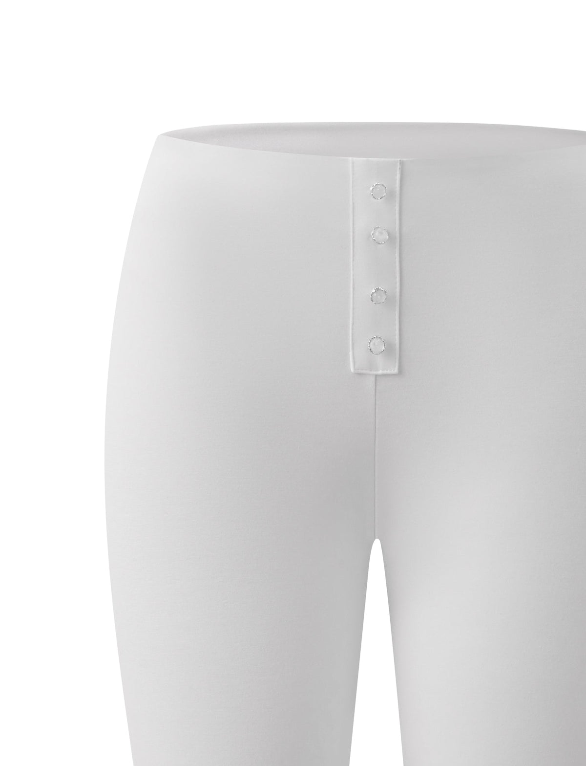 Close-up of the TIGERMIST IDINA CAPRI - IVORY showcasing a front panel with four small buttons vertically aligned at the waistband. Crafted from smooth ponte fabric, the image highlights only the waist and upper thigh, with no visible background.